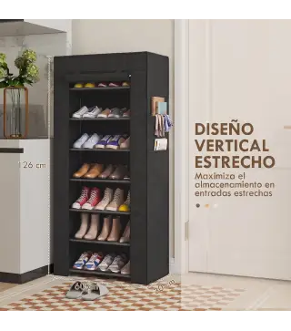 Zapatero de 7 Niveles, Zapatero Estrecho de Acero con Funda de Tela no Tejida 2 Bolsillos para 14-21 Pares Negro
