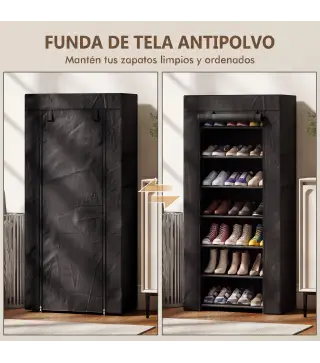 Zapatero de 7 Niveles, Zapatero Estrecho de Acero con Funda de Tela no Tejida 2 Bolsillos para 14-21 Pares Negro