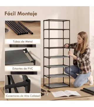 Zapatero de 7 Niveles, Zapatero Estrecho de Acero con Funda de Tela no Tejida 2 Bolsillos para 14-21 Pares Negro