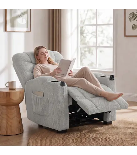 Sillón Relax Reclinable Eléctrico Calor Lumbar Masaje Vibración Motor Silencioso Función Memoria Bolsillos USB Gris
