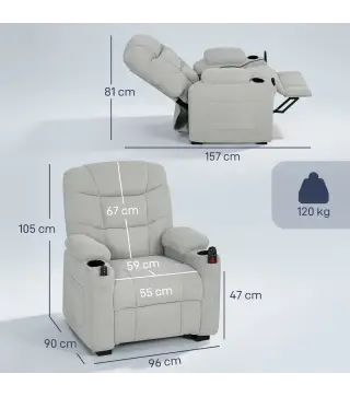 Sillón Relax Reclinable Eléctrico Calor Lumbar Masaje Vibración Motor Silencioso Función Memoria Bolsillos USB Gris