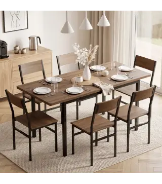 Conjunto Mesa de Comedor Extensible 120-160 cm y 6 Sillas Apilables para 4-6 Personas Marrón Efecto Madera