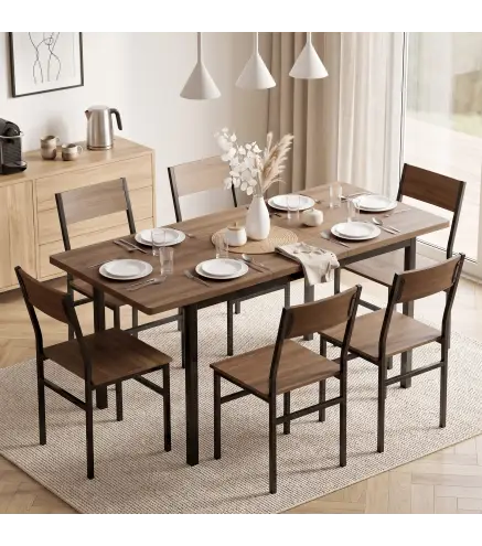 Conjunto Mesa de Comedor Extensible 120-160 cm y 6 Sillas Apilables para 4-6 Personas Marrón Efecto Madera