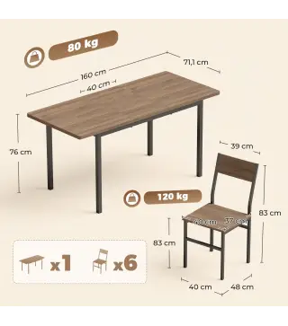 Conjunto Mesa de Comedor Extensible 120-160 cm y 6 Sillas Apilables para 4-6 Personas Marrón Efecto Madera