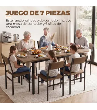 Conjunto Mesa de Comedor Extensible 120-160 cm y 6 Sillas Apilables para 4-6 Personas Marrón Efecto Madera