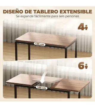 Conjunto Mesa de Comedor Extensible 120-160 cm y 6 Sillas Apilables para 4-6 Personas Marrón Efecto Madera