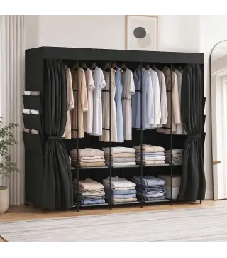 Armario de Tela con 5 Barras 5 Estantes 6 Bolsillos Laterales Cremallera Marco de Acero 212x45x167 cm Gris