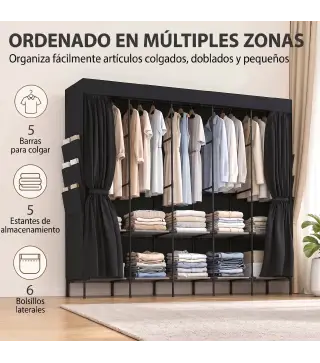 Armario de Tela con 5 Barras 5 Estantes 6 Bolsillos Laterales Cremallera Marco de Acero 212x45x167 cm Gris