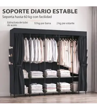 Armario de Tela con 5 Barras 5 Estantes 6 Bolsillos Laterales Cremallera Marco de Acero 212x45x167 cm Gris