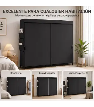 Armario de Tela con 5 Barras 5 Estantes 6 Bolsillos Laterales Cremallera Marco de Acero 212x45x167 cm Gris
