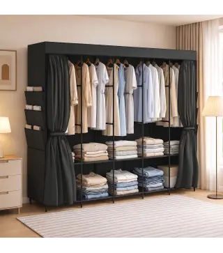 Armario de Tela con 5 Barras 5 Estantes 6 Bolsillos Laterales Cremallera Marco de Acero 212x45x167 cm Gris
