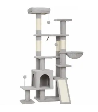 Árbol Rascador para Gatos 152 cm Multinivel con Cueva Hamaca Cama Escalera Rascadora 4 Postes de Sisal Bolas Gris Claro