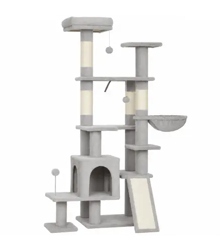 Árbol Rascador para Gatos 152 cm Multinivel con Cueva Hamaca Cama Escalera Rascadora 4 Postes de Sisal Bolas Gris Claro