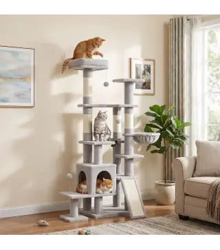 Árbol Rascador para Gatos 152 cm Multinivel con Cueva Hamaca Cama Escalera Rascadora 4 Postes de Sisal Bolas Gris Claro