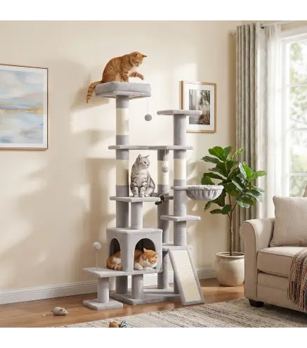 Árbol Rascador para Gatos 152 cm Multinivel con Cueva Hamaca Cama Escalera Rascadora 4 Postes de Sisal Bolas Gris Claro
