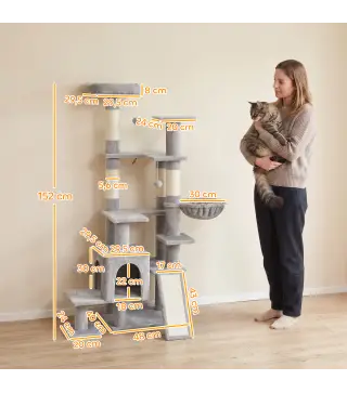 Árbol Rascador para Gatos 152 cm Multinivel con Cueva Hamaca Cama Escalera Rascadora 4 Postes de Sisal Bolas Gris Claro