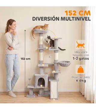 Árbol Rascador para Gatos 152 cm Multinivel con Cueva Hamaca Cama Escalera Rascadora 4 Postes de Sisal Bolas Gris Claro