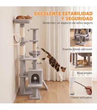 Árbol Rascador para Gatos 152 cm Multinivel con Cueva Hamaca Cama Escalera Rascadora 4 Postes de Sisal Bolas Gris Claro