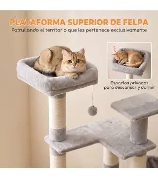Árbol Rascador para Gatos 152 cm Multinivel con Cueva Hamaca Cama Escalera Rascadora 4 Postes de Sisal Bolas Gris Claro