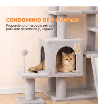 Árbol Rascador para Gatos 152 cm Multinivel con Cueva Hamaca Cama Escalera Rascadora 4 Postes de Sisal Bolas Gris Claro
