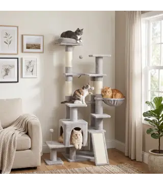 Árbol Rascador para Gatos 152 cm Multinivel con Cueva Hamaca Cama Escalera Rascadora 4 Postes de Sisal Bolas Gris Claro