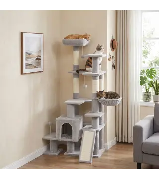 Árbol Rascador para Gatos 152 cm Multinivel con Cueva Hamaca Cama Escalera Rascadora 4 Postes de Sisal Bolas Gris Claro
