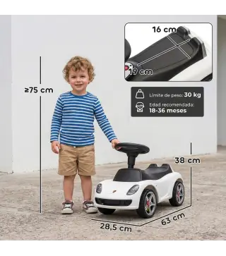 Correpasillos para Bebés de 18-36 Meses Licencia de Porsche con 2 Faros Bocina Sonido de Arranque 63x28,5x38 cm Blanco
