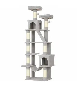 Árbol Rascador para Gatos 204 cm Multinivel con 2 Cuevas Hamaca 2 Camas Postes de Sisal Escalera y 2 Bolas Gris Claro