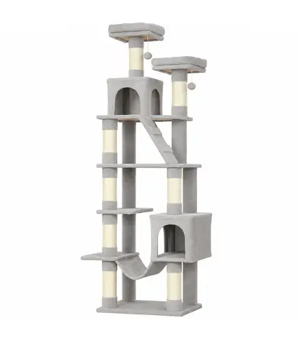 Árbol Rascador para Gatos 204 cm Multinivel con 2 Cuevas Hamaca 2 Camas Postes de Sisal Escalera y 2 Bolas Gris Claro