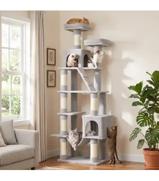 Árbol Rascador para Gatos 204 cm Multinivel con 2 Cuevas Hamaca 2 Camas Postes de Sisal Escalera y 2 Bolas Gris Claro