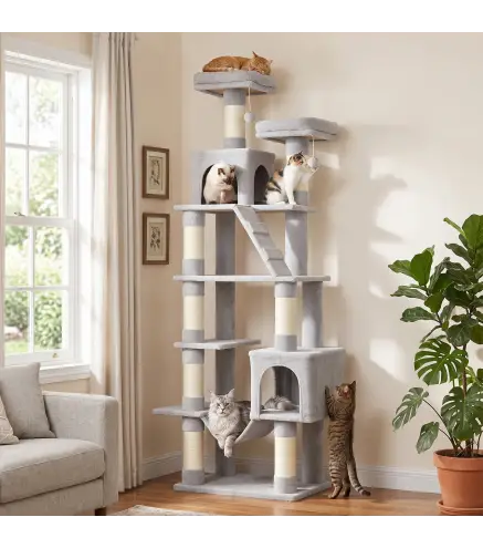 Árbol Rascador para Gatos 204 cm Multinivel con 2 Cuevas Hamaca 2 Camas Postes de Sisal Escalera y 2 Bolas Gris Claro
