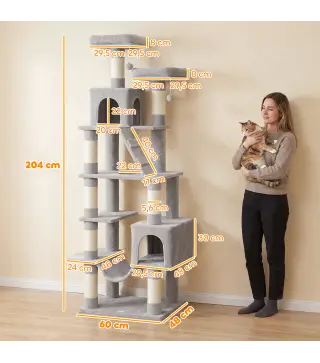 Árbol Rascador para Gatos 204 cm Multinivel con 2 Cuevas Hamaca 2 Camas Postes de Sisal Escalera y 2 Bolas Gris Claro