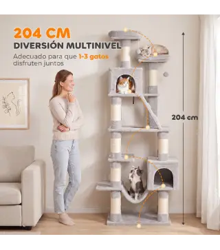 Árbol Rascador para Gatos 204 cm Multinivel con 2 Cuevas Hamaca 2 Camas Postes de Sisal Escalera y 2 Bolas Gris Claro