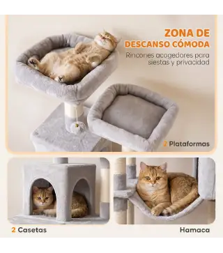 Árbol Rascador para Gatos 204 cm Multinivel con 2 Cuevas Hamaca 2 Camas Postes de Sisal Escalera y 2 Bolas Gris Claro
