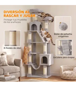 Árbol Rascador para Gatos 204 cm Multinivel con 2 Cuevas Hamaca 2 Camas Postes de Sisal Escalera y 2 Bolas Gris Claro