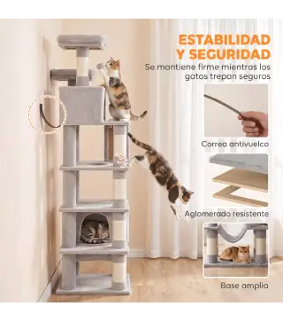 Árbol Rascador para Gatos 204 cm Multinivel con 2 Cuevas Hamaca 2 Camas Postes de Sisal Escalera y 2 Bolas Gris Claro