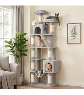Árbol Rascador para Gatos 204 cm Multinivel con 2 Cuevas Hamaca 2 Camas Postes de Sisal Escalera y 2 Bolas Gris Claro