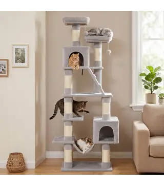 Árbol Rascador para Gatos 204 cm Multinivel con 2 Cuevas Hamaca 2 Camas Postes de Sisal Escalera y 2 Bolas Gris Claro