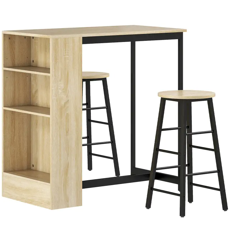 Conjunto Mesa Alta de Cocina con 2 Taburetes Reposapiés 3 Compartimentos Abiertos Estante Ajustable para Comedor Roble Conjunto Mesa Alta de Cocina con 2 Taburetes Reposapiés 3 Compartimentos Abiertos Estante Ajustable para Comedor Roble