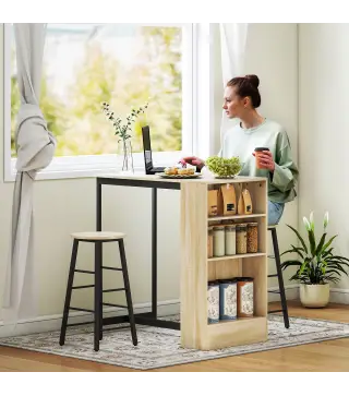 Conjunto Mesa Alta de Cocina con 2 Taburetes Reposapiés 3 Compartimentos Abiertos Estante Ajustable para Comedor Roble