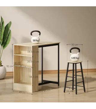 Conjunto Mesa Alta de Cocina con 2 Taburetes Reposapiés 3 Compartimentos Abiertos Estante Ajustable para Comedor Roble