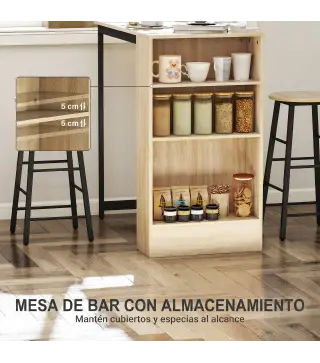 Conjunto Mesa Alta de Cocina con 2 Taburetes Reposapiés 3 Compartimentos Abiertos Estante Ajustable para Comedor Roble