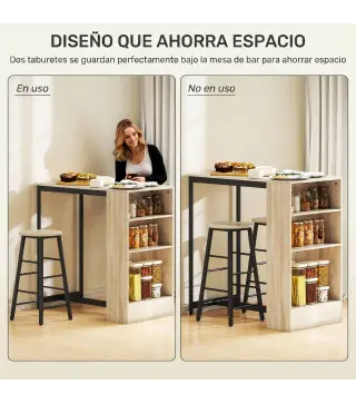 Conjunto Mesa Alta de Cocina con 2 Taburetes Reposapiés 3 Compartimentos Abiertos Estante Ajustable para Comedor Roble