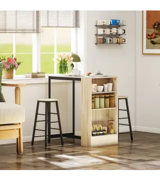 Conjunto Mesa Alta de Cocina con 2 Taburetes Reposapiés 3 Compartimentos Abiertos Estante Ajustable para Comedor Roble