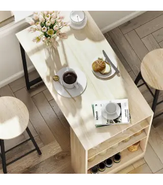 Conjunto Mesa Alta de Cocina con 2 Taburetes Reposapiés 3 Compartimentos Abiertos Estante Ajustable para Comedor Roble