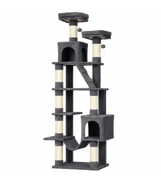 Árbol Rascador para Gatos 204 cm Multinivel con 2 Cuevas Hamaca 2 Camas Postes de Sisal Escalera 2 Bolas Gris Oscuro