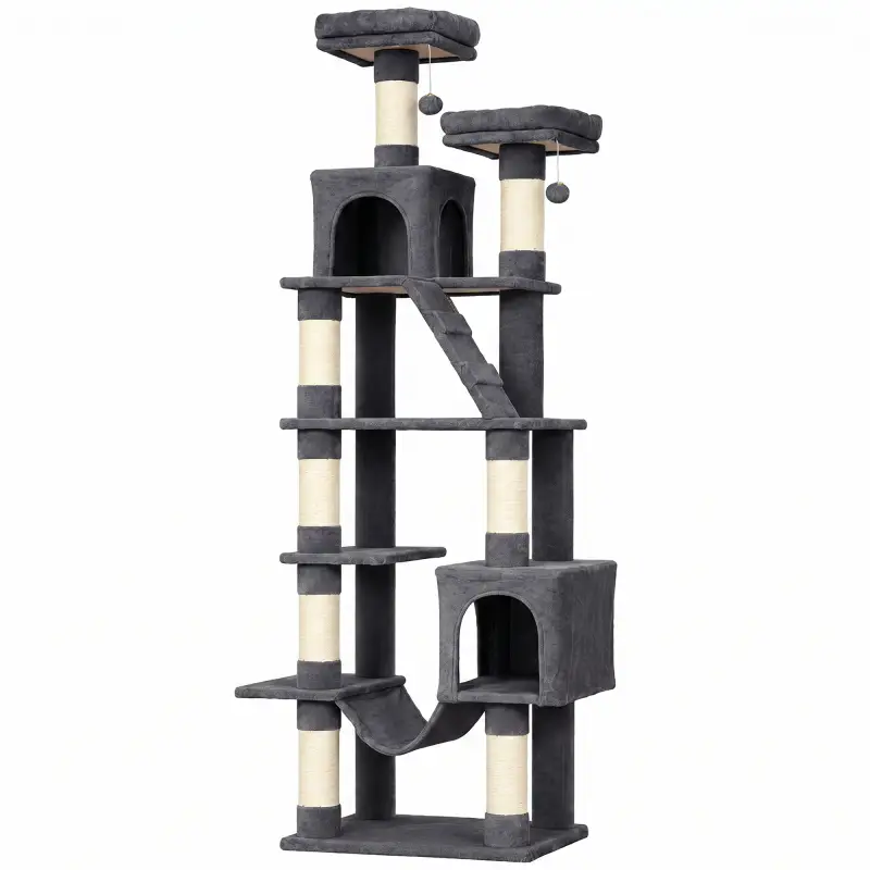 Árbol Rascador para Gatos 204 cm Multinivel con 2 Cuevas Hamaca 2 Camas Postes de Sisal Escalera 2 Bolas Gris Oscuro
