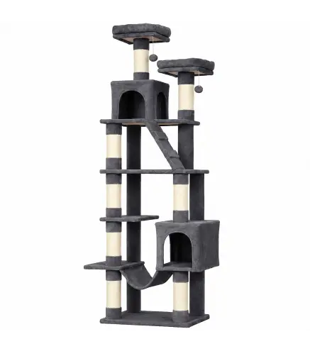 Árbol Rascador para Gatos 204 cm Multinivel con 2 Cuevas Hamaca 2 Camas Postes de Sisal Escalera 2 Bolas Gris Oscuro