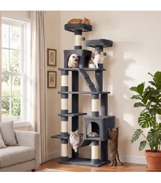 Árbol Rascador para Gatos 204 cm Multinivel con 2 Cuevas Hamaca 2 Camas Postes de Sisal Escalera 2 Bolas Gris Oscuro