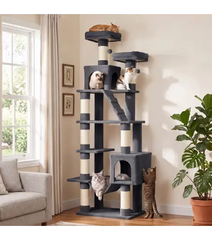Árbol Rascador para Gatos 204 cm Multinivel con 2 Cuevas Hamaca 2 Camas Postes de Sisal Escalera 2 Bolas Gris Oscuro